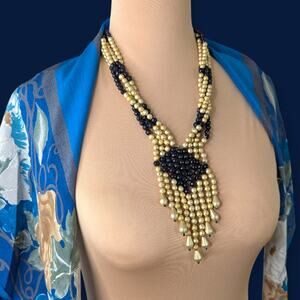 Vintage 4-Strand Avant Garde Gold & Black Beaded Statement Necklace